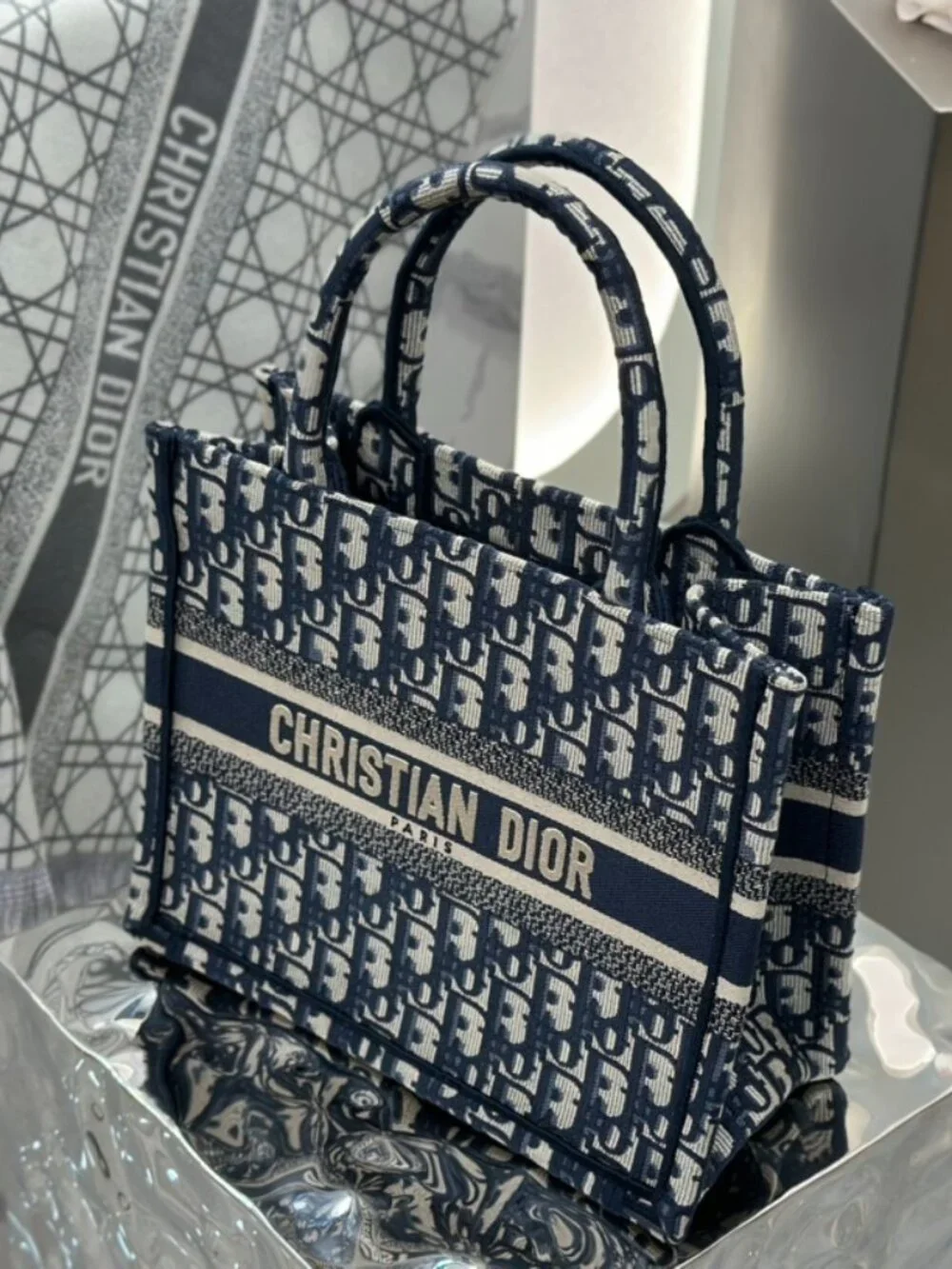 Dior Book Tote in Blue Oblique Embroidery